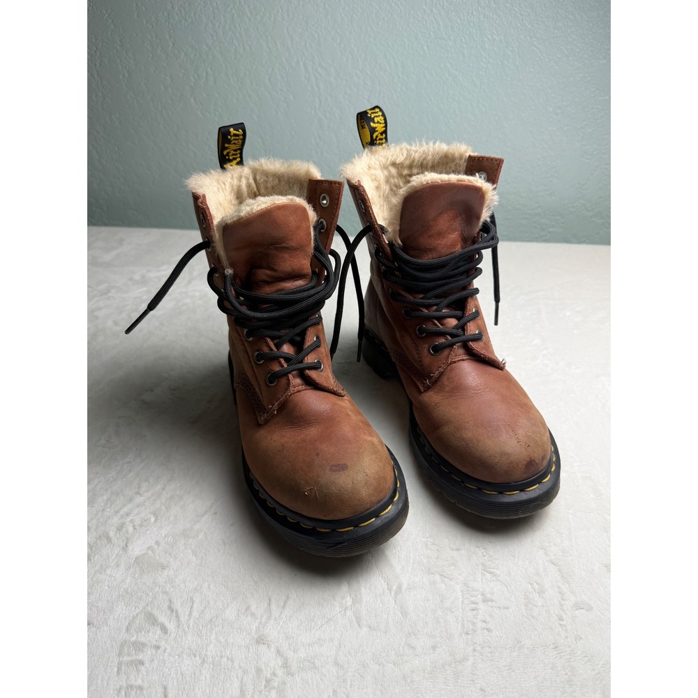 Dr. Martens 1460 Serena Faux Fur Lined Brown Leather Lace Up Boots Womens 6
